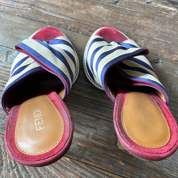 Fendi striped canvas and red suede heeled sandal Size 40 w/COA - Picture 5 of 11